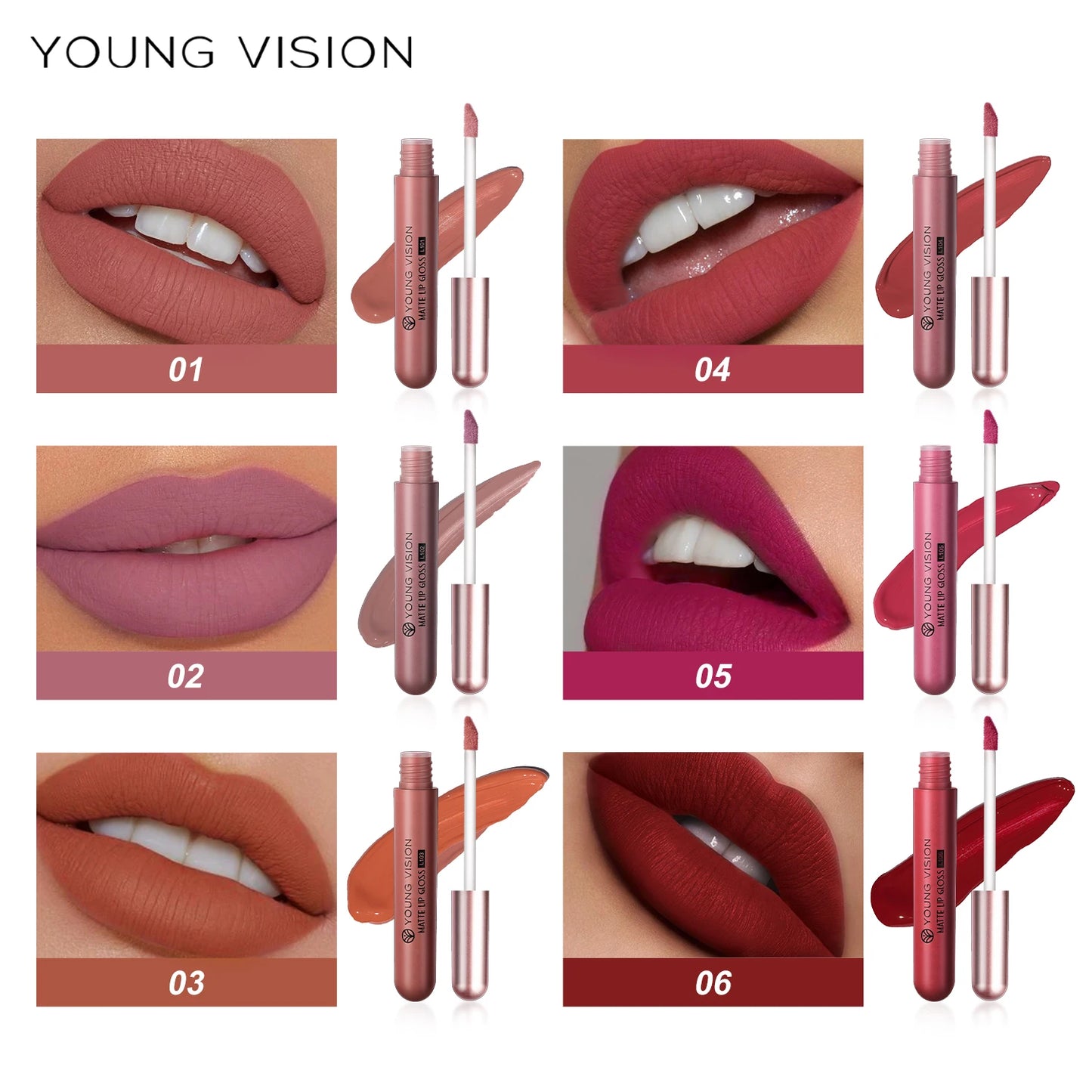Young Vision 6 Matte Velvet Liquid Lipstick Set Waterproof Nude Color Easy to Apply Lip Gloss Set