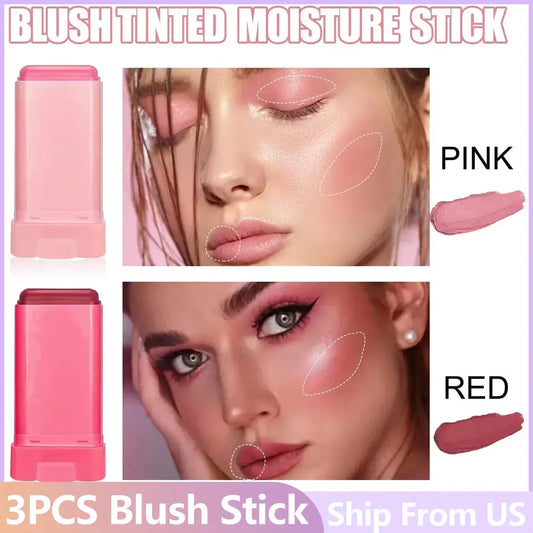 3 Pieces Red Pink Silky Matte Pearl Blush Cream Hydrating Lip Waterproof Lasting Cheek Blush Cream Stick Natural Makeup