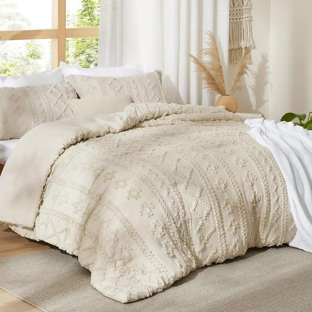 Boho Queen Comforter Set 3 Pieces Embroidered Bedding