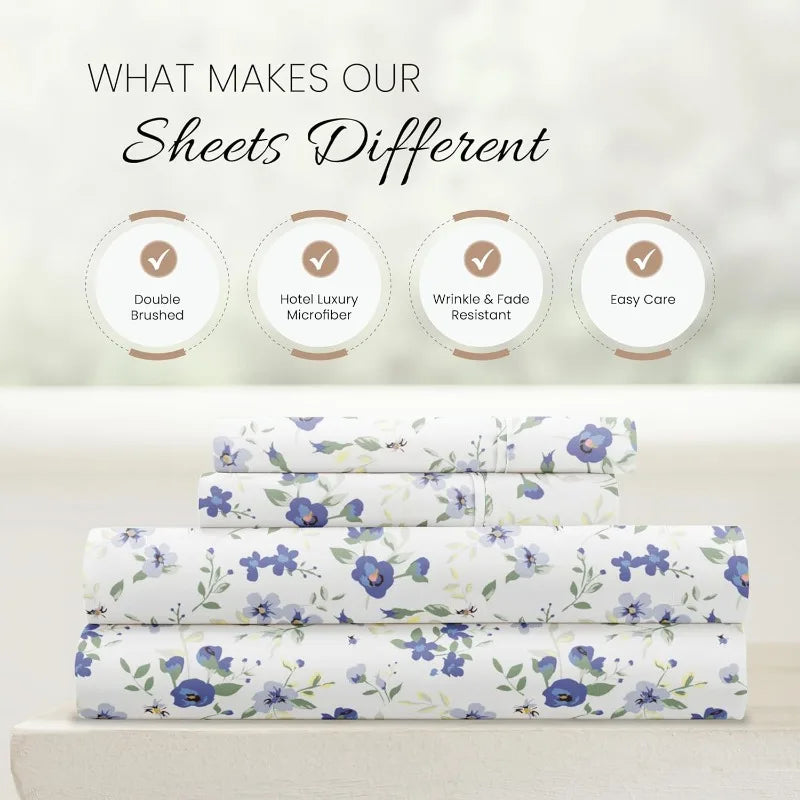 4 Piece Queen Sheet Set Light Blue Floral Soft Cooling