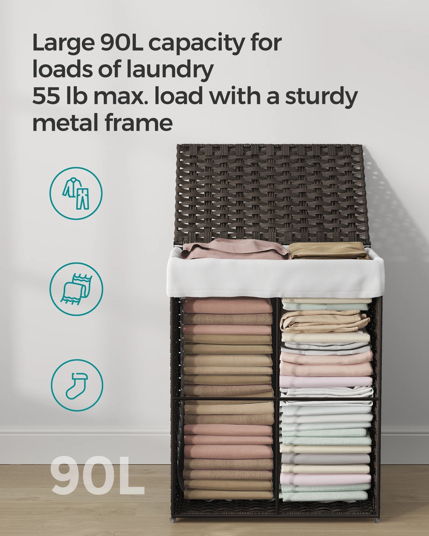 Songmics Laundry Hamper With Lid 90L Foldable Rattan Basket