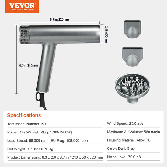 Vevor Professional Hair Dryer 3 Million Negative Ions 98000RPM High Speed Brushless Motor Hair Dryer for Home and Travel