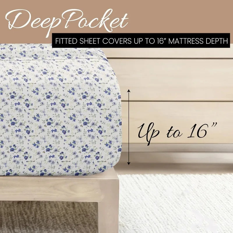 4 Piece Queen Sheet Set Light Blue Floral Soft Cooling