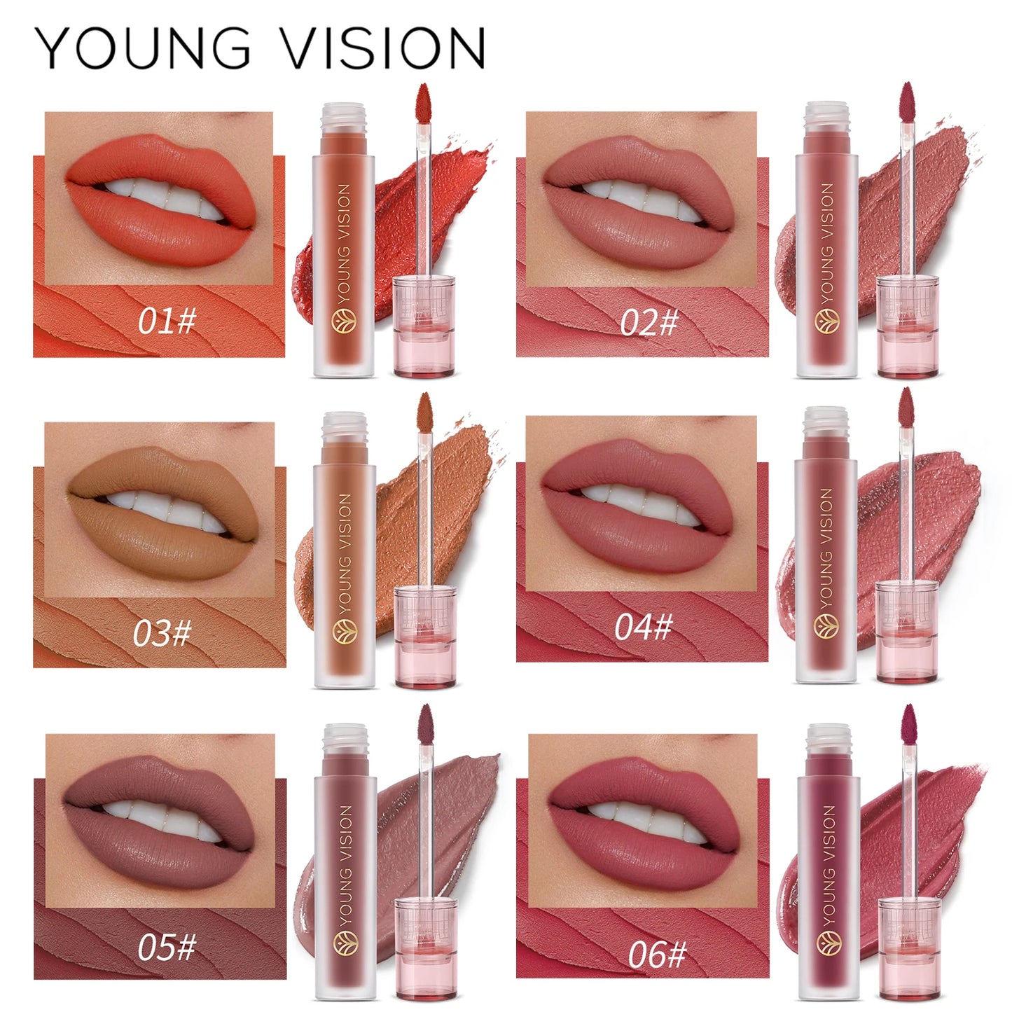 Young Vision 6 Color Matte Velvet Lip Paste Non Sticky Long Lasting Liquid Lipstick