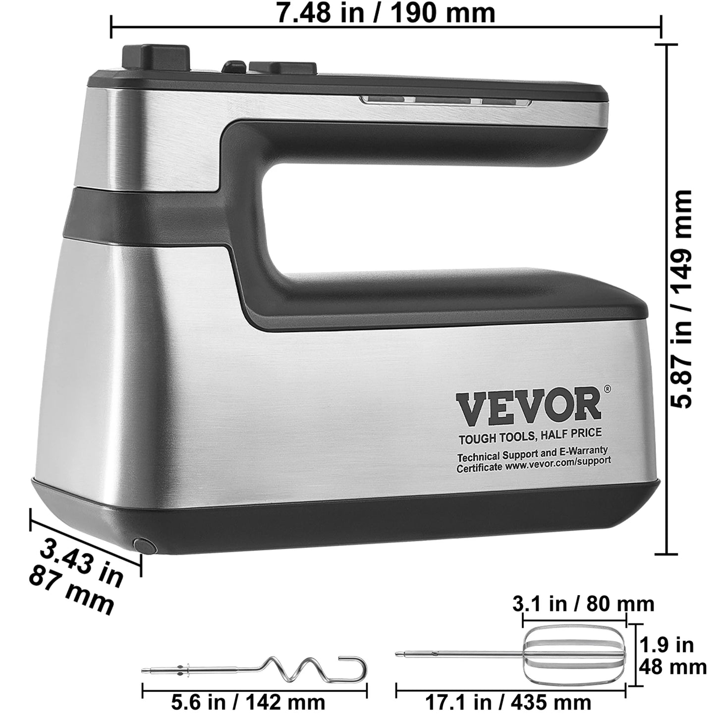 VEVOR Cordless Electric Hand Mixer 5 Gear Speed Handheld Mixer for Baking Whipping Mixing Eggs Cookies Cakes Cream