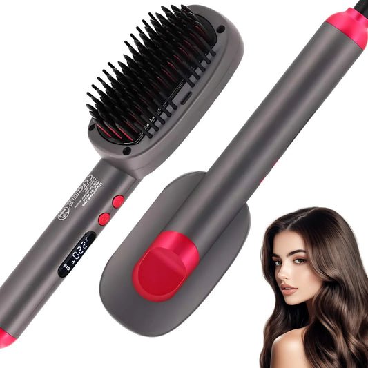 Hair Straightener Brush With Keratin Ceramic Coating Negative Ion Straightening Brush Dual Voltage Hot Air Hair Brush Black