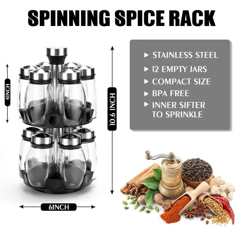 12 Glass Jar Bottles Set Revolving Spice Rack Organizer Storage for kitchen Spice Stand Holder Spinning Countertop Herb and Spi