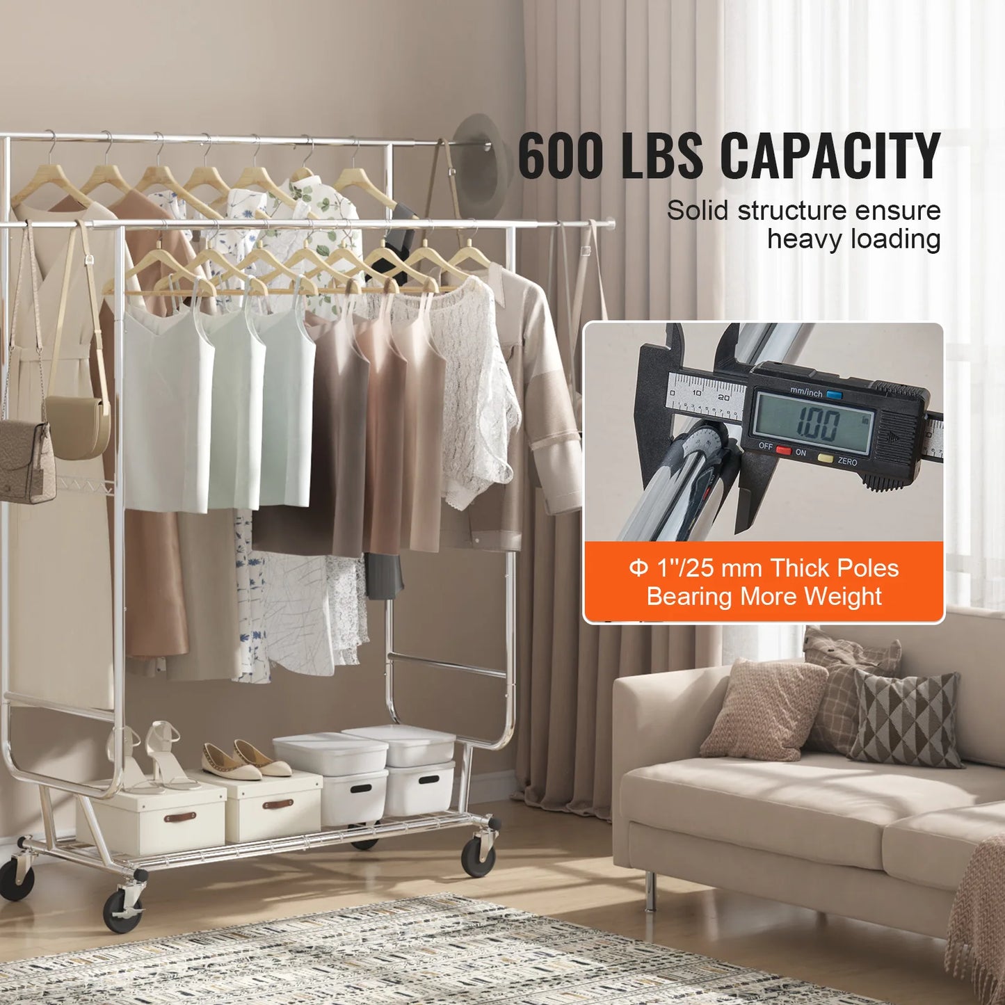 SucceBuy Clothing Garment Rack Heavy Duty Clothes Rack Adjustable Length Clothes Rack w/ Bottom Shelf & Wheels for Laundry Room