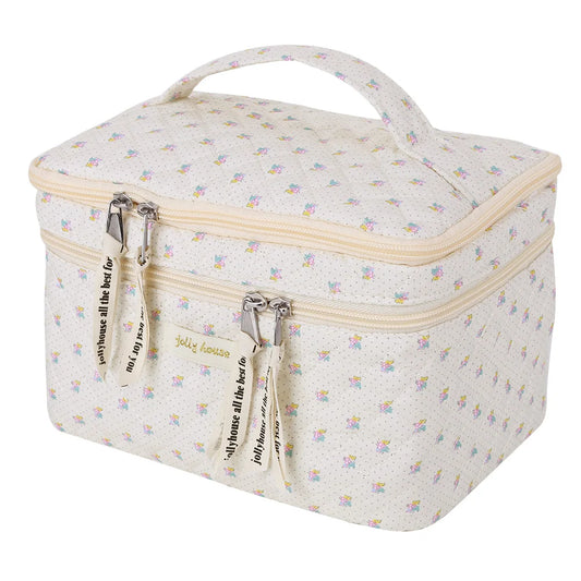 Double Layer Coquette Makeup Bag Floral Cotton Toiletry Bag