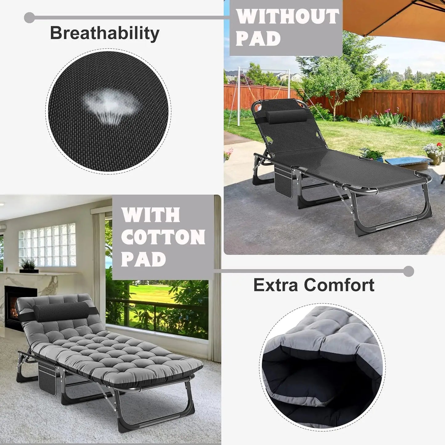 Chaise Lounge Chair 5 Position Padded Outdoor Portable