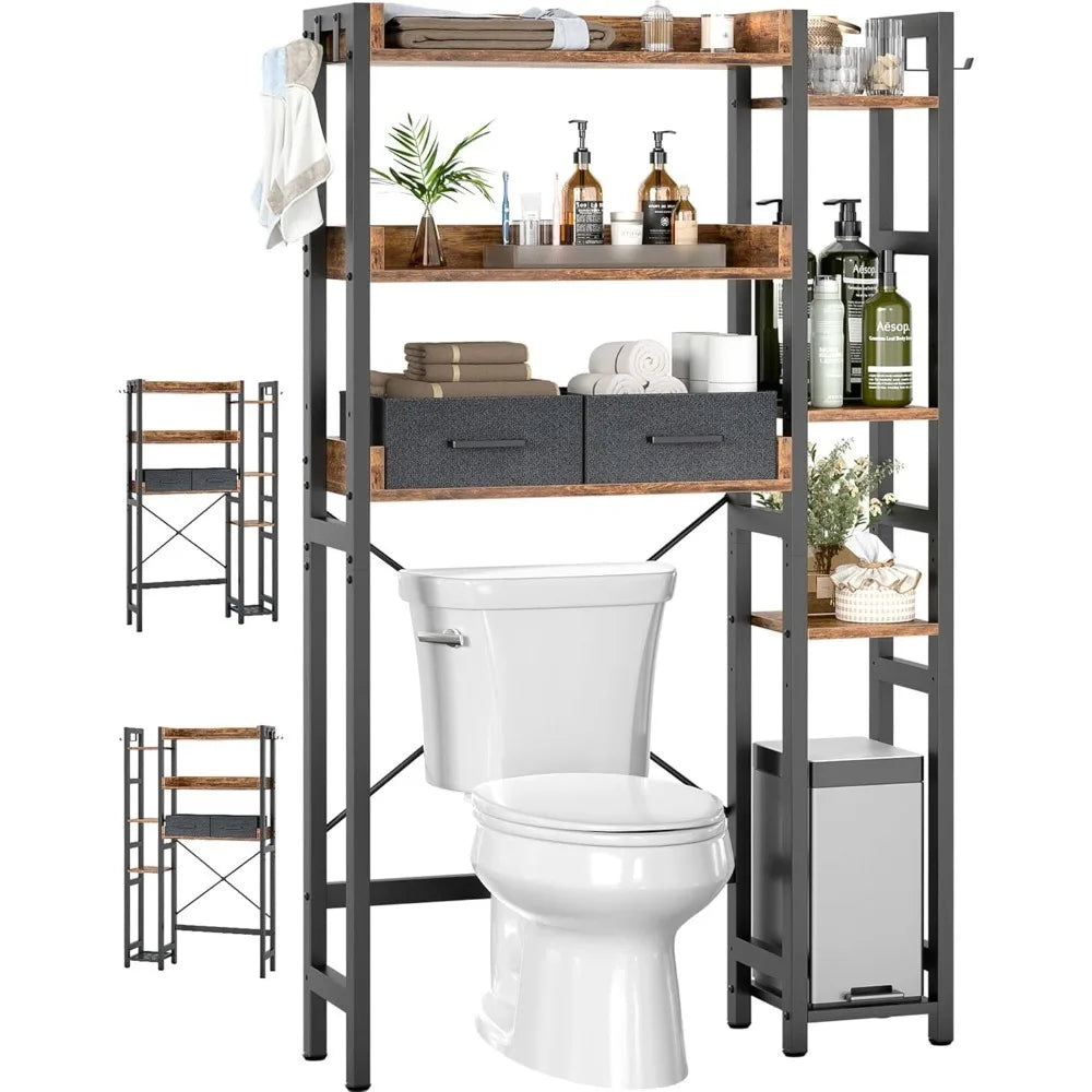 Rustic Brown Over Toilet Storage 2 Drawers 7 Tier Organizer