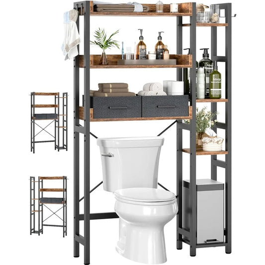 Rustic Brown Over Toilet Storage 2 Drawers 7 Tier Organizer