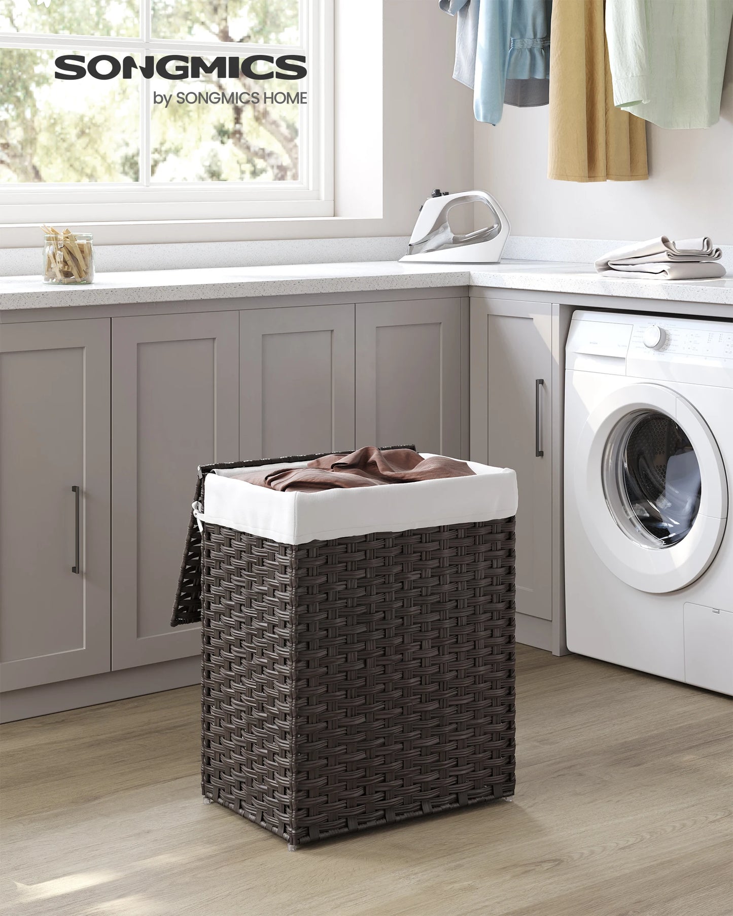 Songmics Laundry Hamper With Lid 90L Foldable Rattan Basket