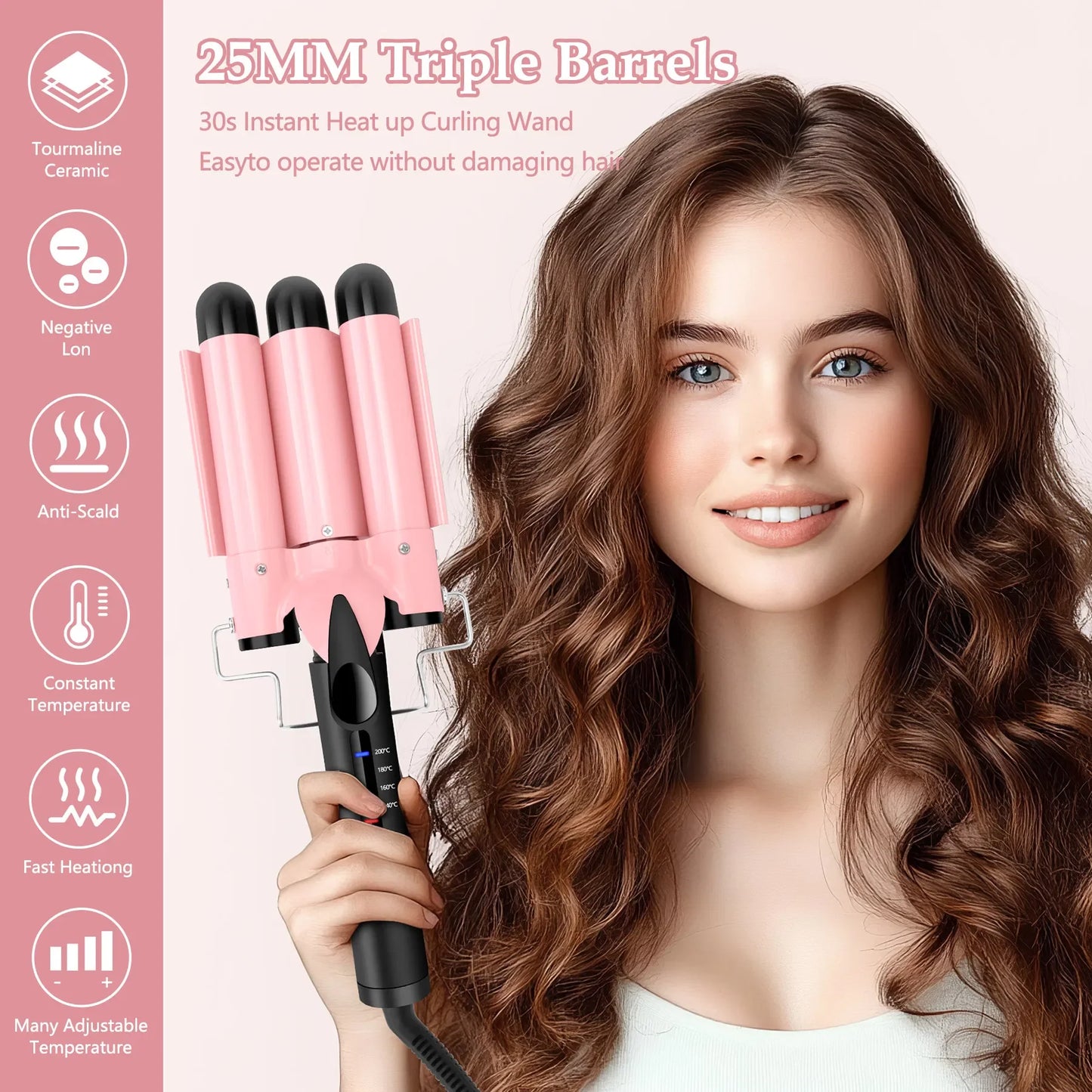 3 Barrel Curling Iron Hair Crimper Dual Voltage Ceramic Tourmaline Three Barrels Hair Waver 1 Inch Curler Wand Pink