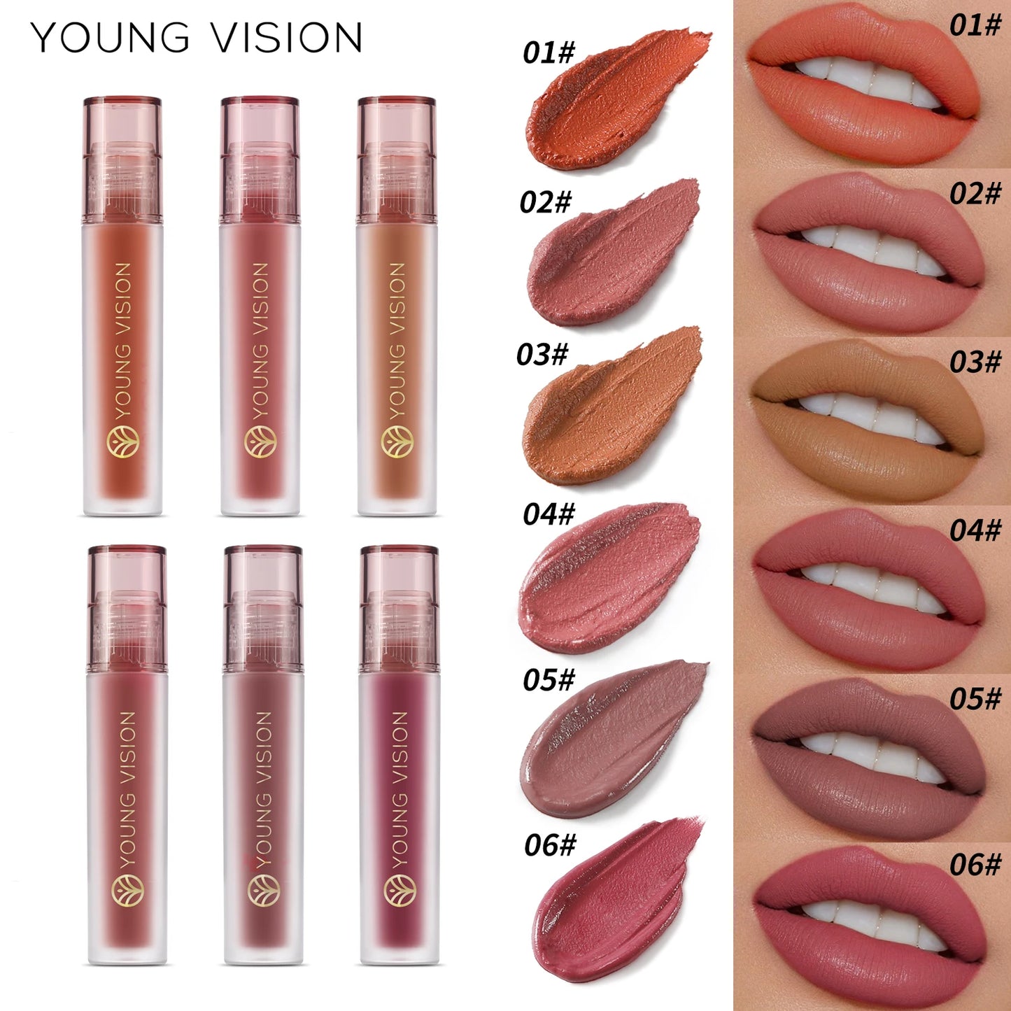 Young Vision 6 Color Matte Velvet Lip Paste Non Sticky Long Lasting Liquid Lipstick