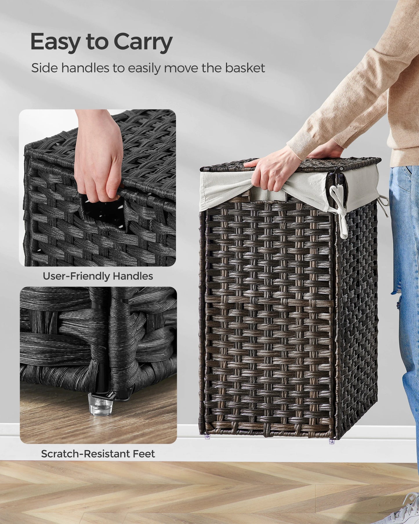Songmics Laundry Hamper With Lid 90L Foldable Rattan Basket