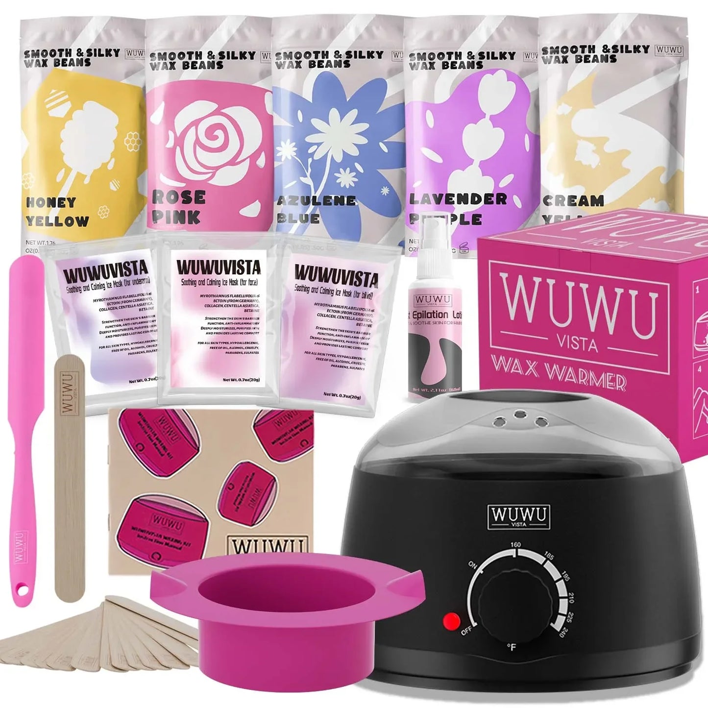 WUWUVISTA Waxing Kit 23 Items Christmas Gift Hard Wax Hair Removal Set with Wax Heater and Beans for Body Face Brazilian and Sensitive Skin