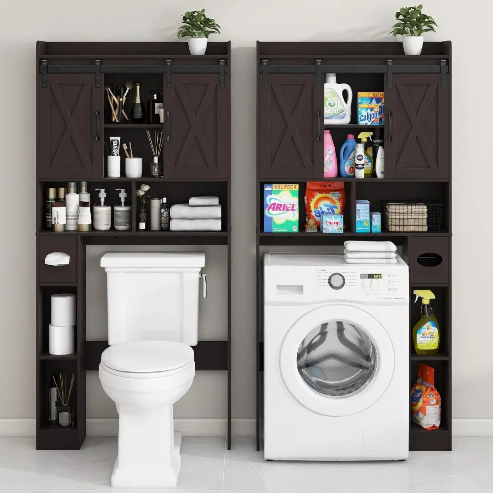 Farmhouse Toilet Cabinet With Sliding Doors And Toilet Paper