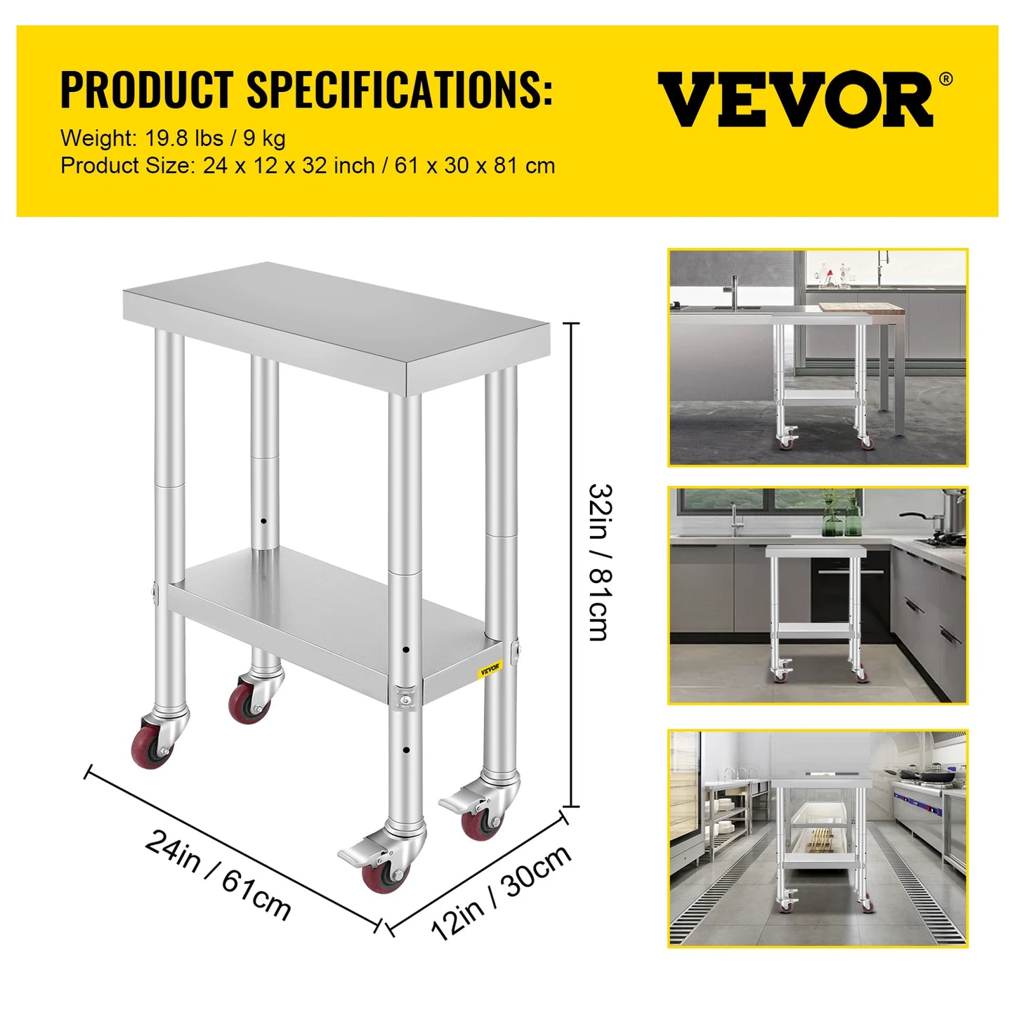 SucceBuy Stainless Steel Kitchen Work Table With Wheels