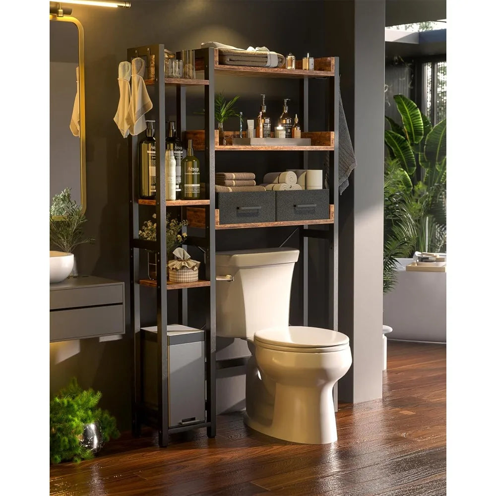 Rustic Brown Over Toilet Storage 2 Drawers 7 Tier Organizer
