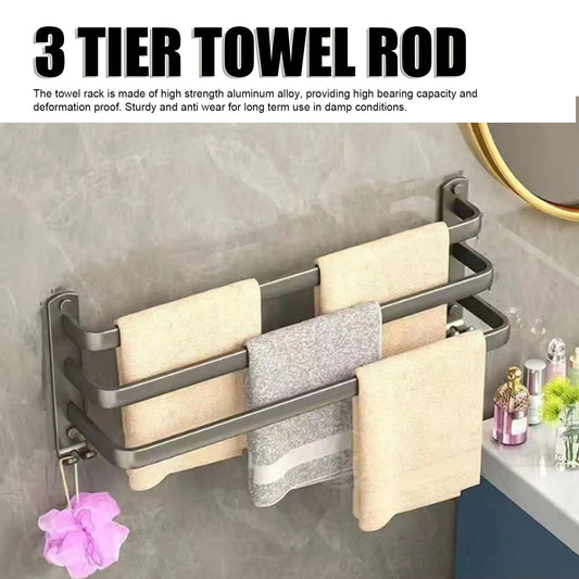 3 Tier Towel Rod 60CM Wall Mounted Towel Holder Space Saving Easy Installation for Bathroom