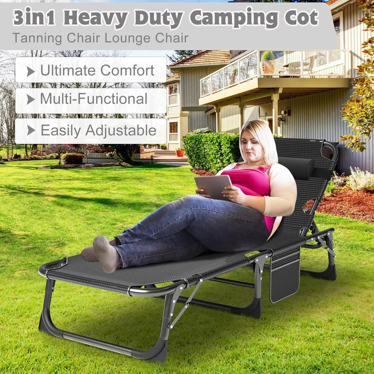Chaise Lounge Chair 5 Position Padded Outdoor Portable