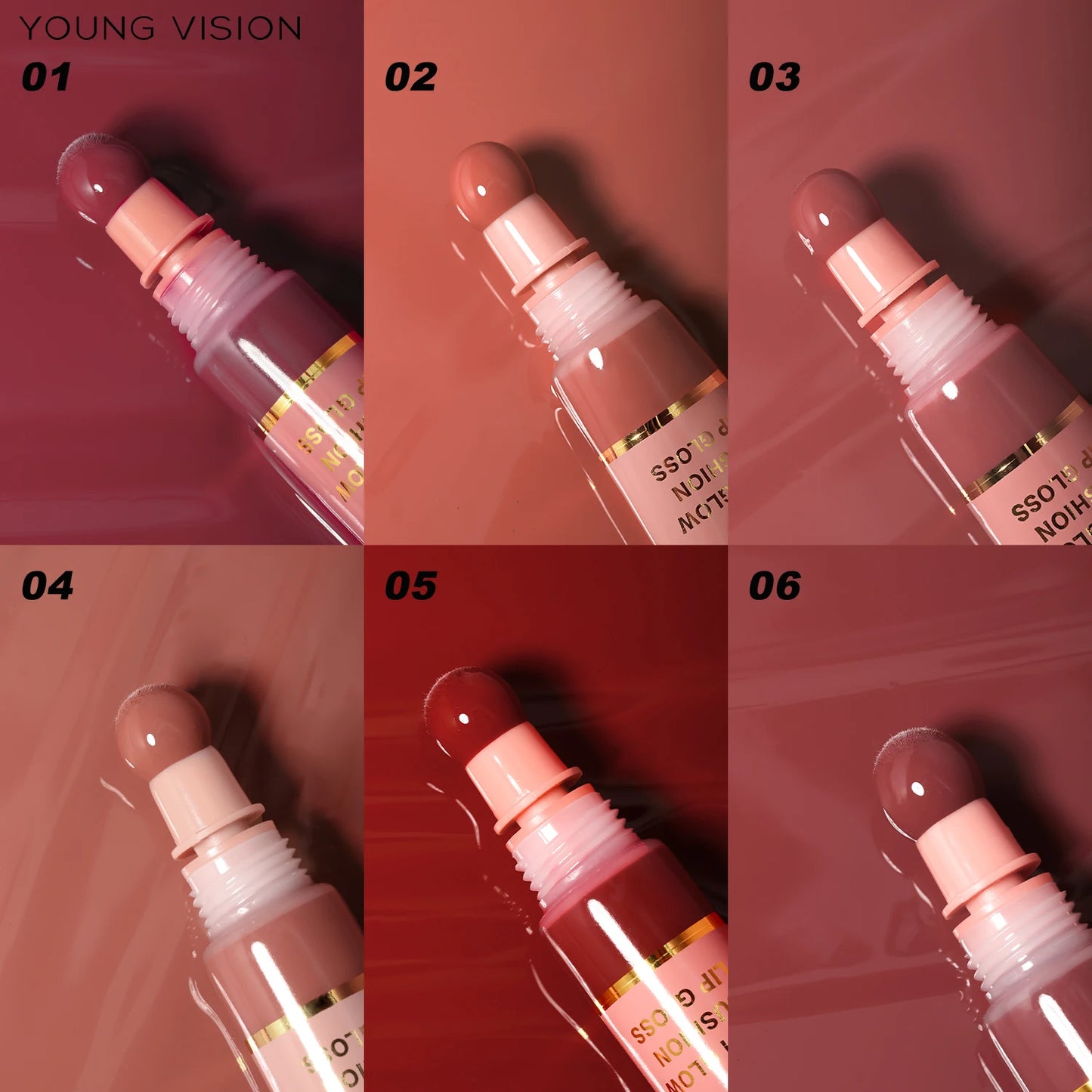 Young Vision 6 Color Liquid Water Shine Plush Brush Head Lip Gloss Vivid Shine Moisturizing Smooth Long Lasting Lip Glaze 10ml