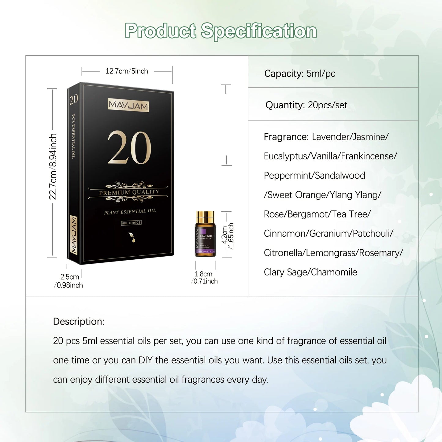 MAYJAM 20 Bottles Essential Oils Kit Set Lavender Jasmine Eucalyptus Vanilla Sandalwood Sweet Orange Geranium Patchouli 5ml
