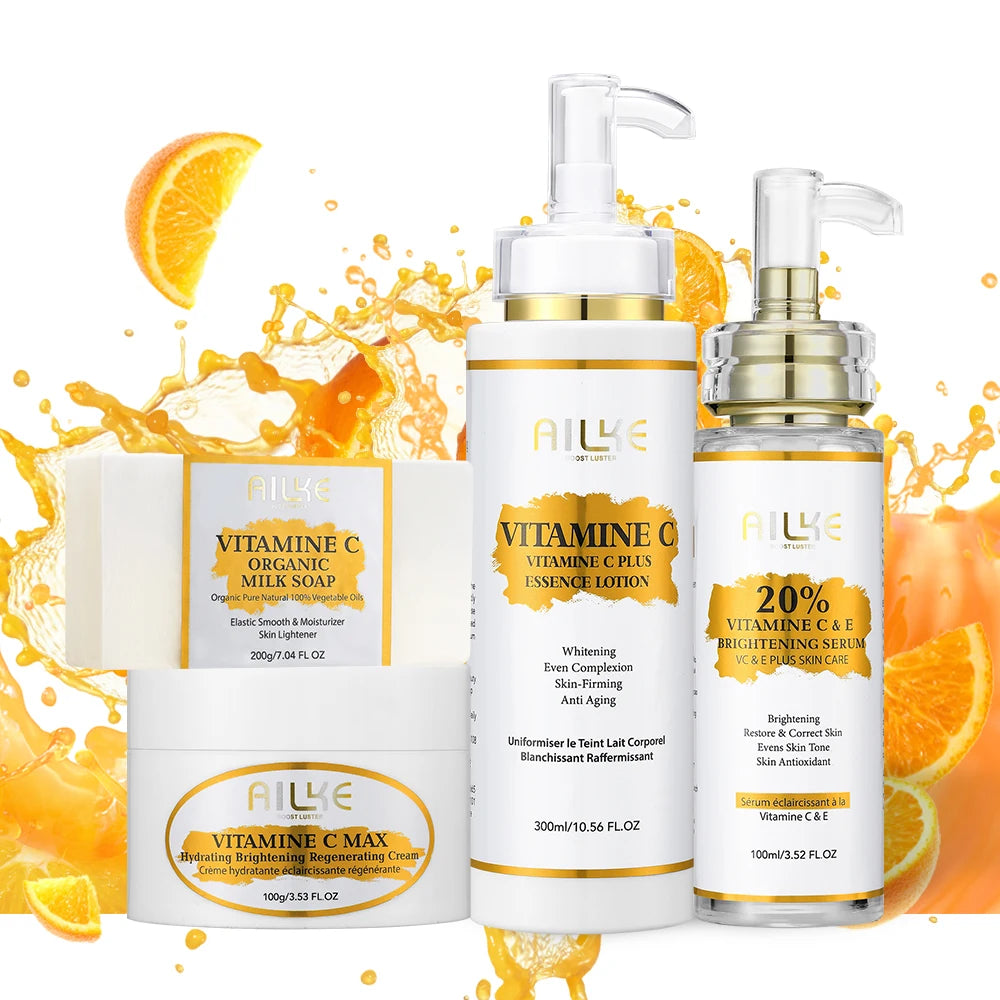 AILKE Vitamin C Skin Care Set Brightening Body Lotion Even Skin Tone Face Cream Whitening Serum Brightening Soap