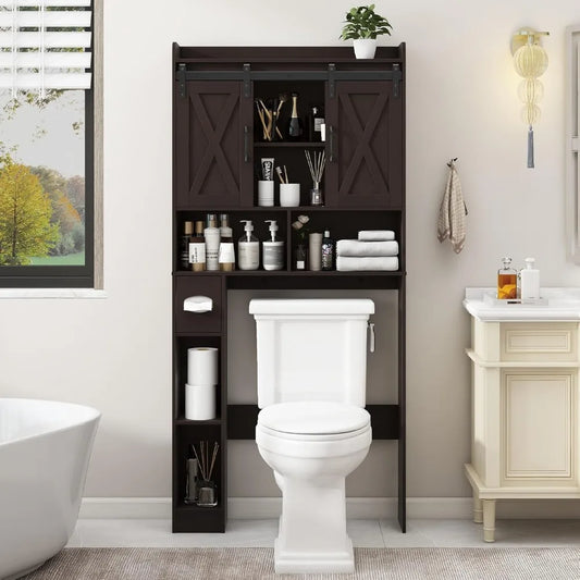 Farmhouse Toilet Cabinet With Sliding Doors And Toilet Paper