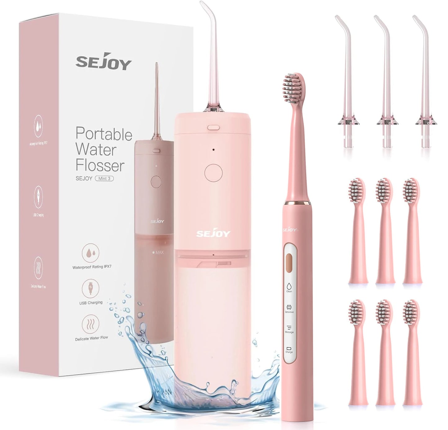 Sejoy Water Flosser and Electric Toothbrush Set Portable Dental Oral Irrigator USB Rechargeable Waterproof Teeth Cleaner