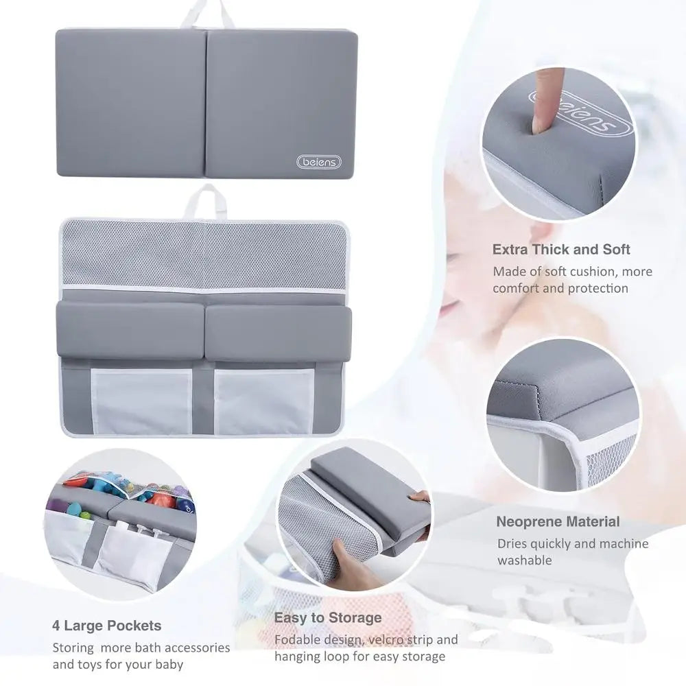 Thick Baby Bath Kneeler and Elbow Rest Pad Quick Dry Neoprene Non Slip Cushion Mat Storage Pockets Stress Free Bathing