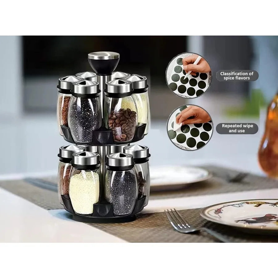 12 Glass Jar Bottles Set Revolving Spice Rack Organizer Storage for kitchen Spice Stand Holder Spinning Countertop Herb and Spi
