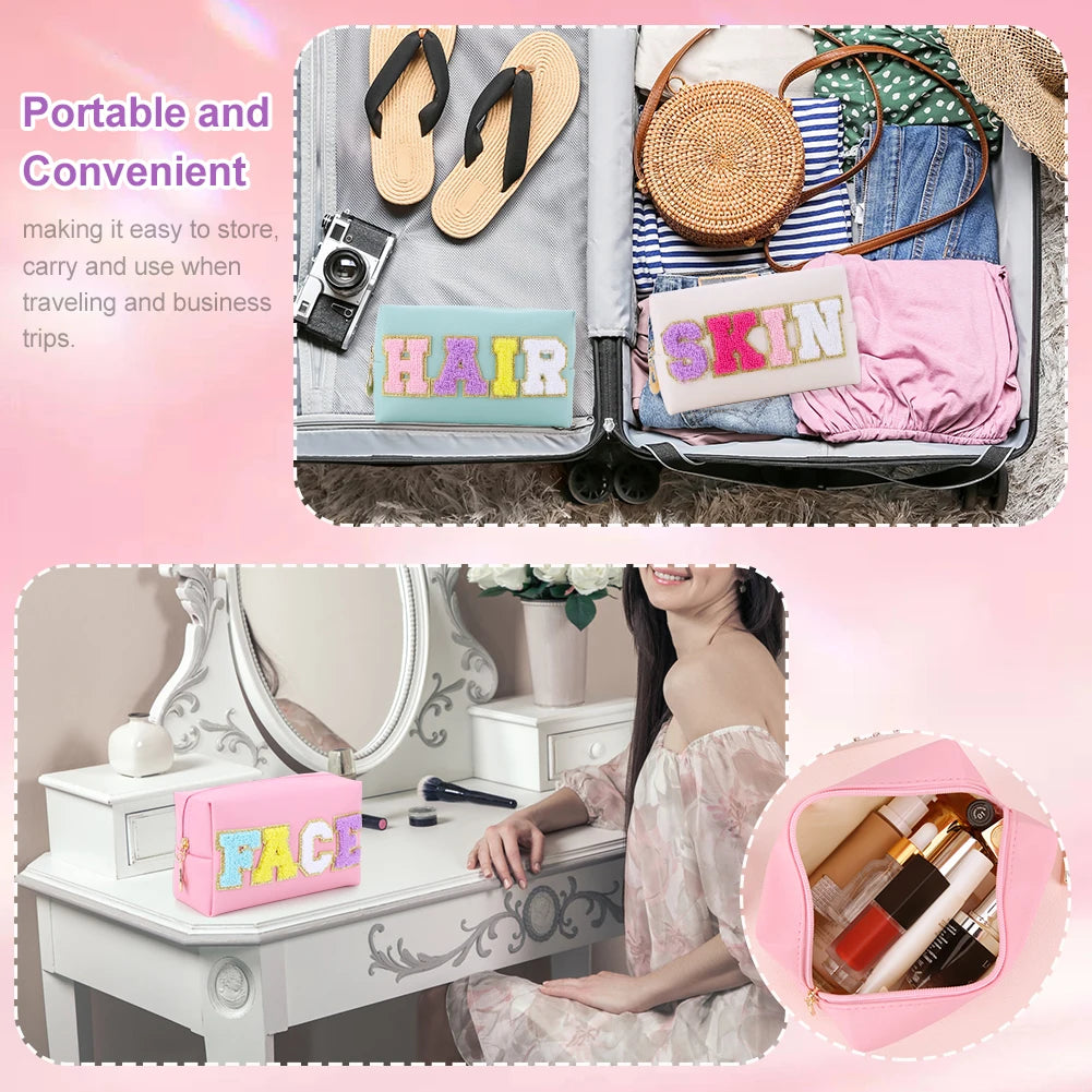 3PCS Preppy Patch Makeup Bag with Patches Chenille Letter Waterproof Toiletry Bag PU Leather for Women for Travel Accessories