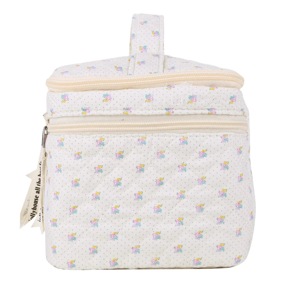 Double Layer Coquette Makeup Bag Floral Cotton Toiletry Bag