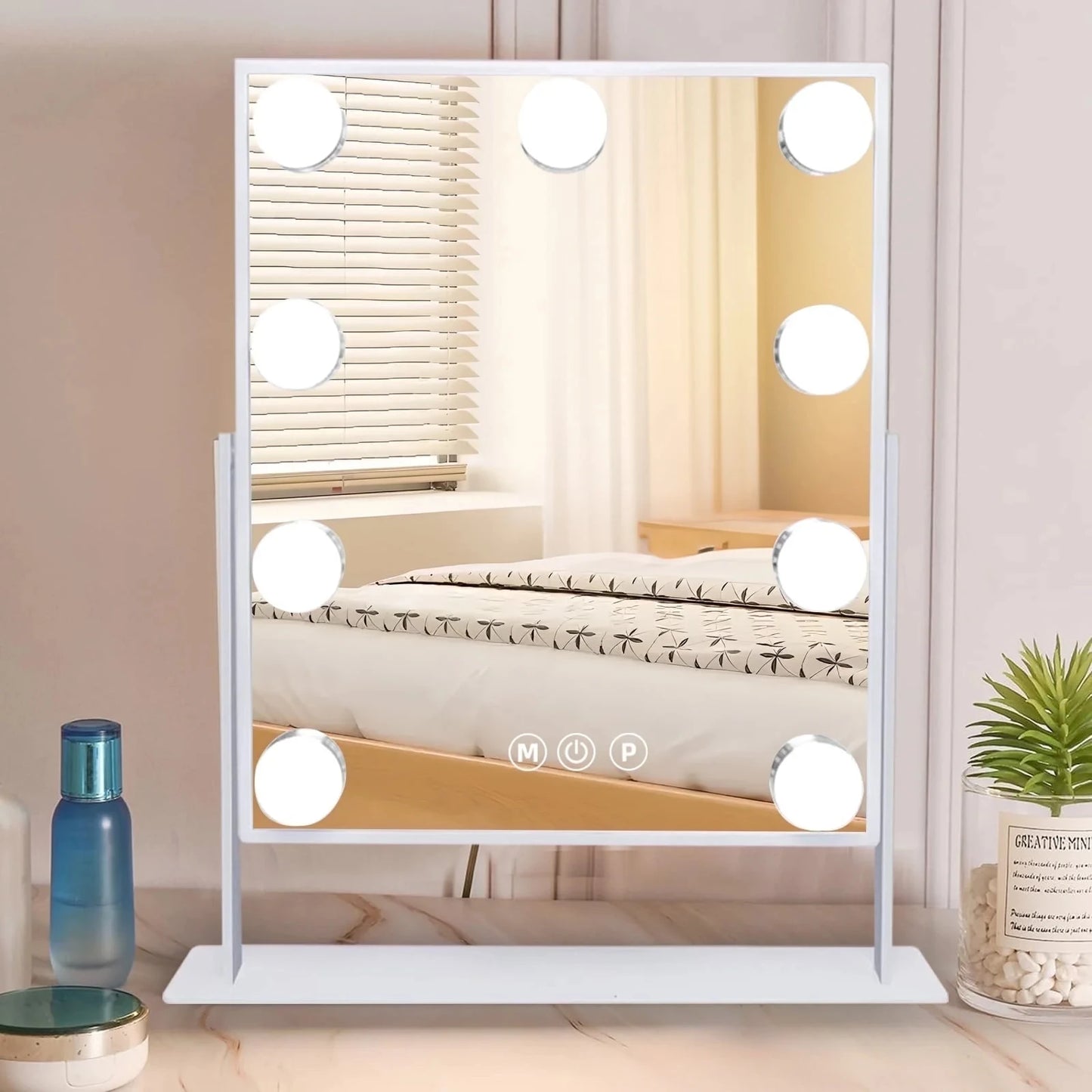 Illuminated Vanity Mirror with 9 LED Bulbs Detachable 10x Magnifier 3 Color Illumination Modes 360 Degree Swivel