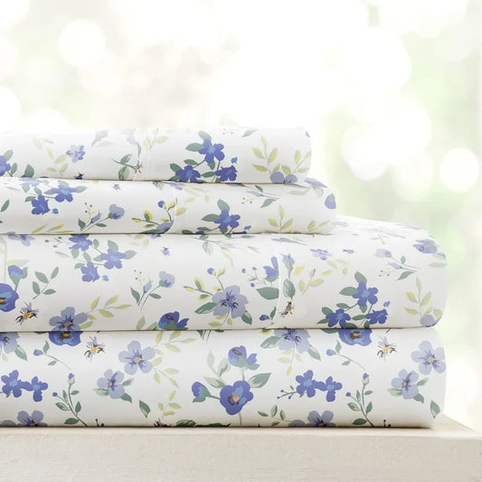 4 Piece Queen Sheet Set Light Blue Floral Soft Cooling