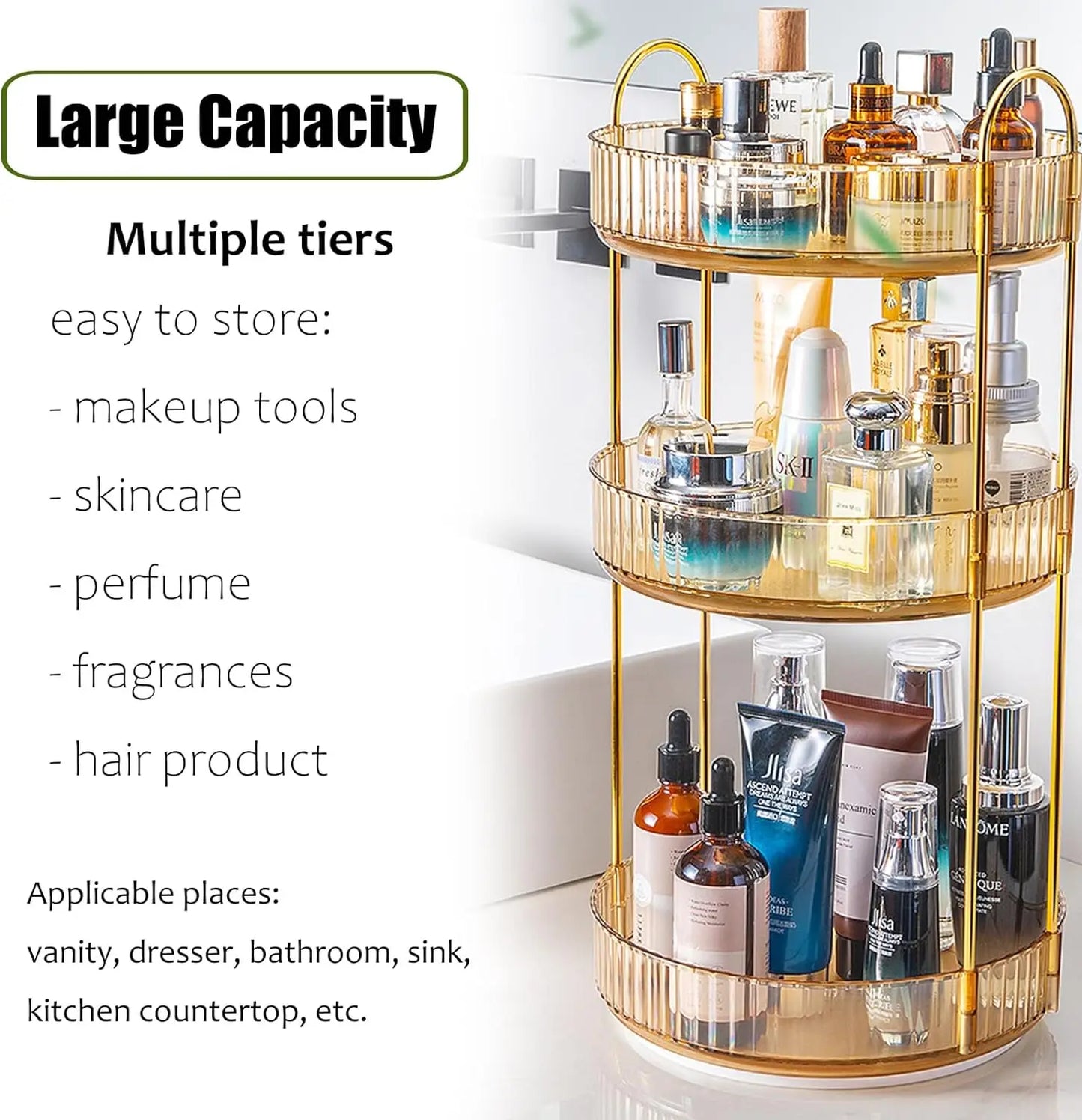 Rotating Makeup Organizer For Vanity 3 Tier High Capacity
