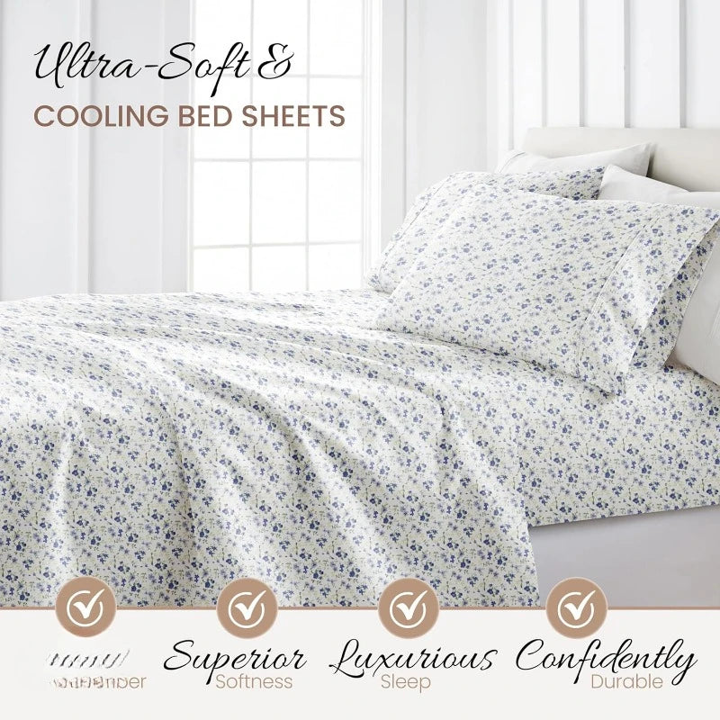 4 Piece Queen Sheet Set Light Blue Floral Soft Cooling