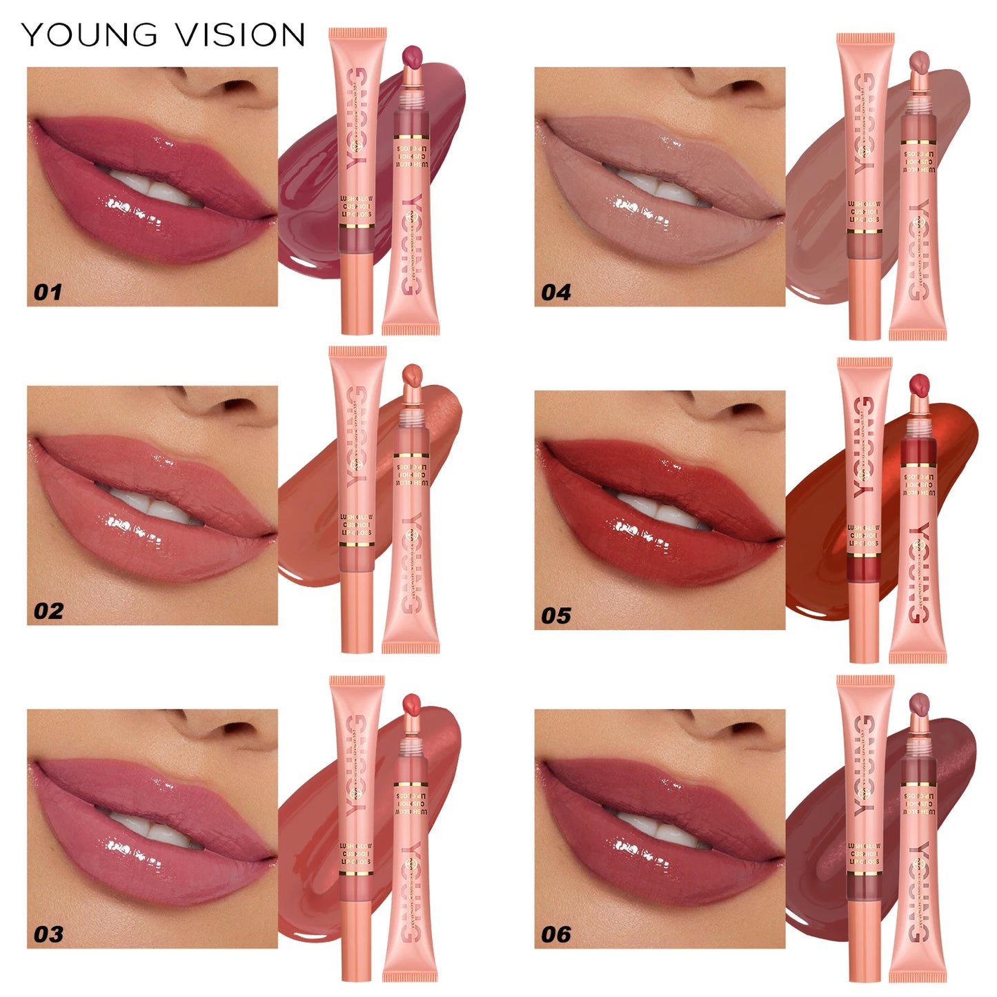 Young Vision 6 Color Liquid Water Shine Plush Brush Head Lip Gloss Vivid Shine Moisturizing Smooth Long Lasting Lip Glaze 10ml