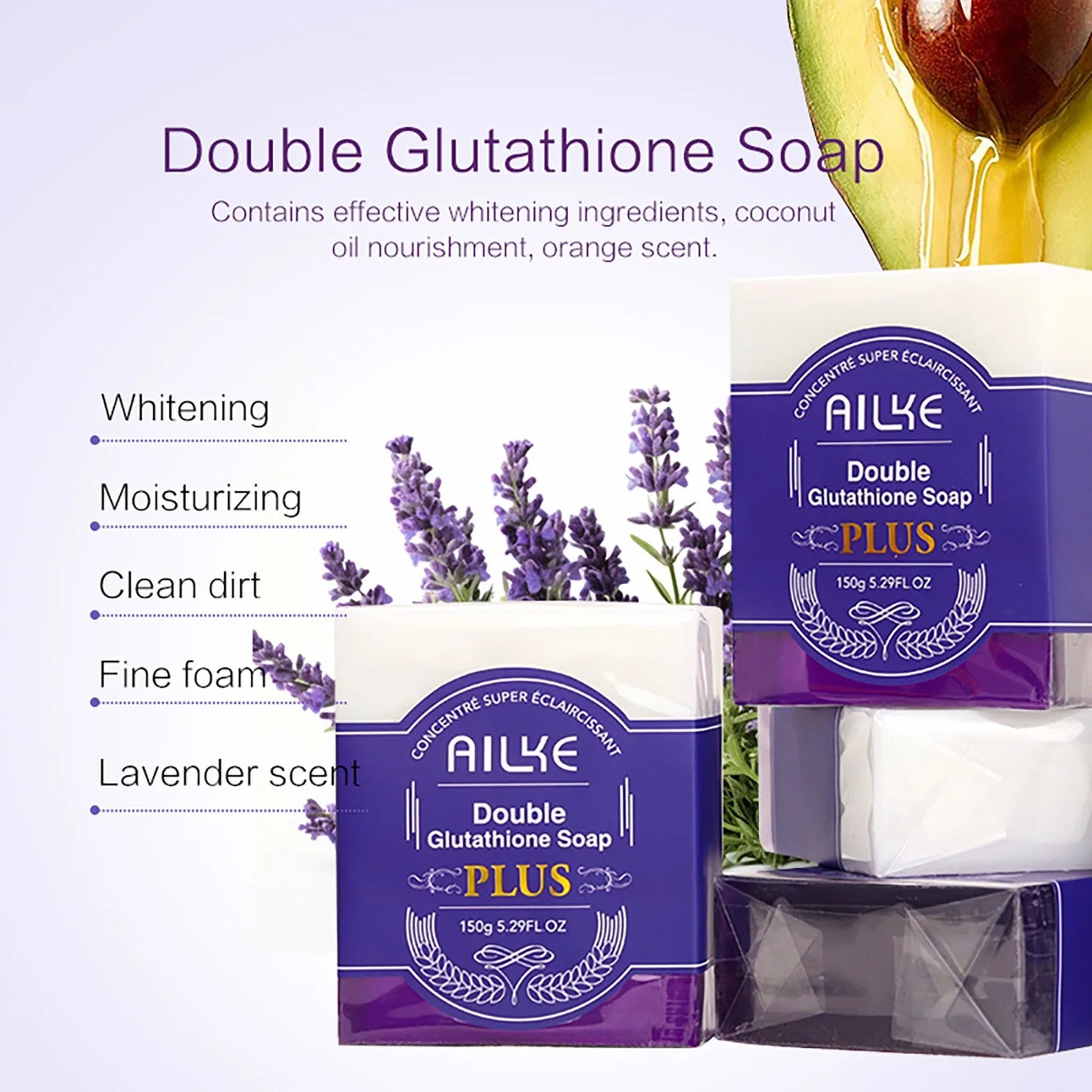 AILKE Double Glutathione Plus Whitening Soap Bar for Dark Spots Cleansing and Moisturizing with Natural Lavender Scent for Face and Body