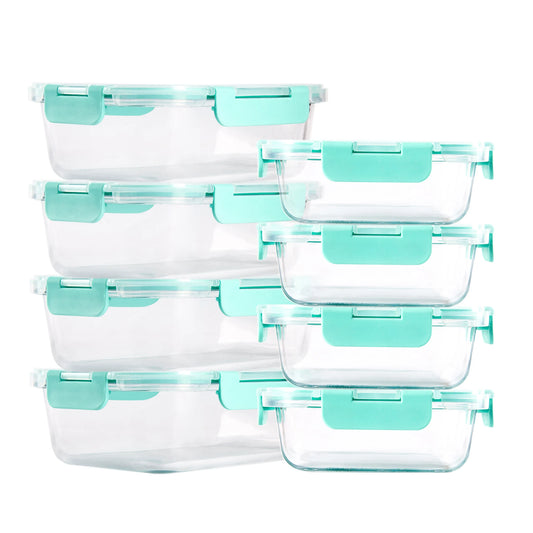 8 Piece Glass Food Storage Containers Set BPA Free Leakproof Microwave and Oven Safe 6 Sizes Borosilicate Glass Lock Lid