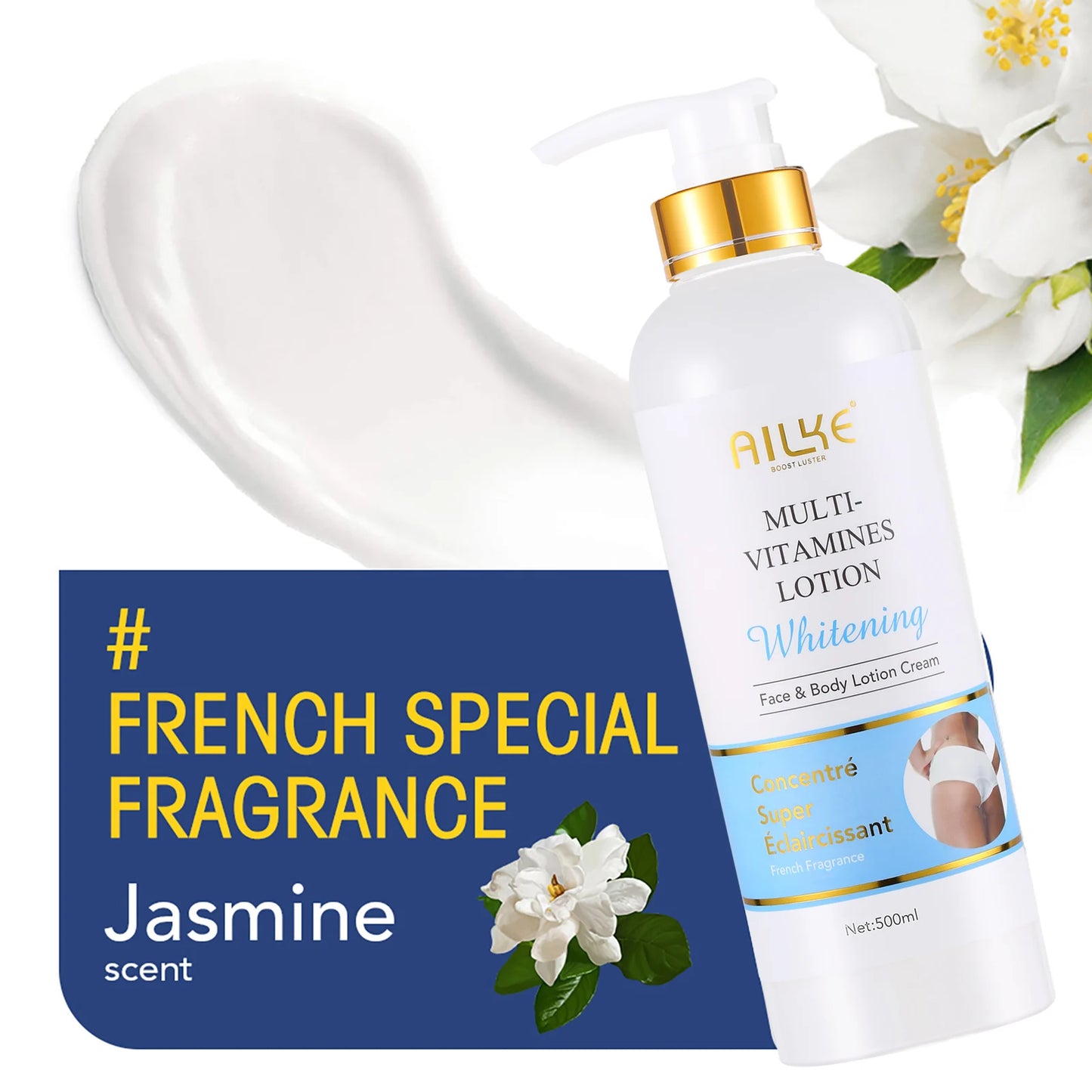 AILKE Multi Vitamin Whitening Body Lotion with Vitamins A E B3 B5 for Increased Skin Radiance Even Skin Tone and Moisturizing Hydration