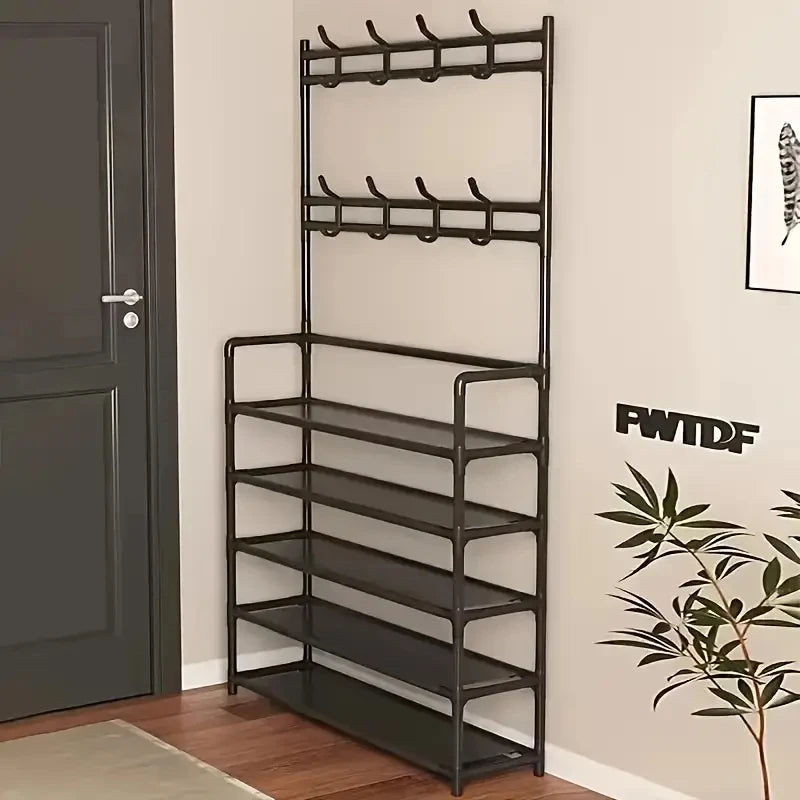 Entryway Coat Rack And Shoe Organizer With 4 Tier Shelves