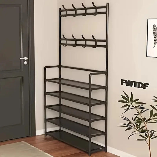 Entryway Coat Rack And Shoe Organizer With 4 Tier Shelves