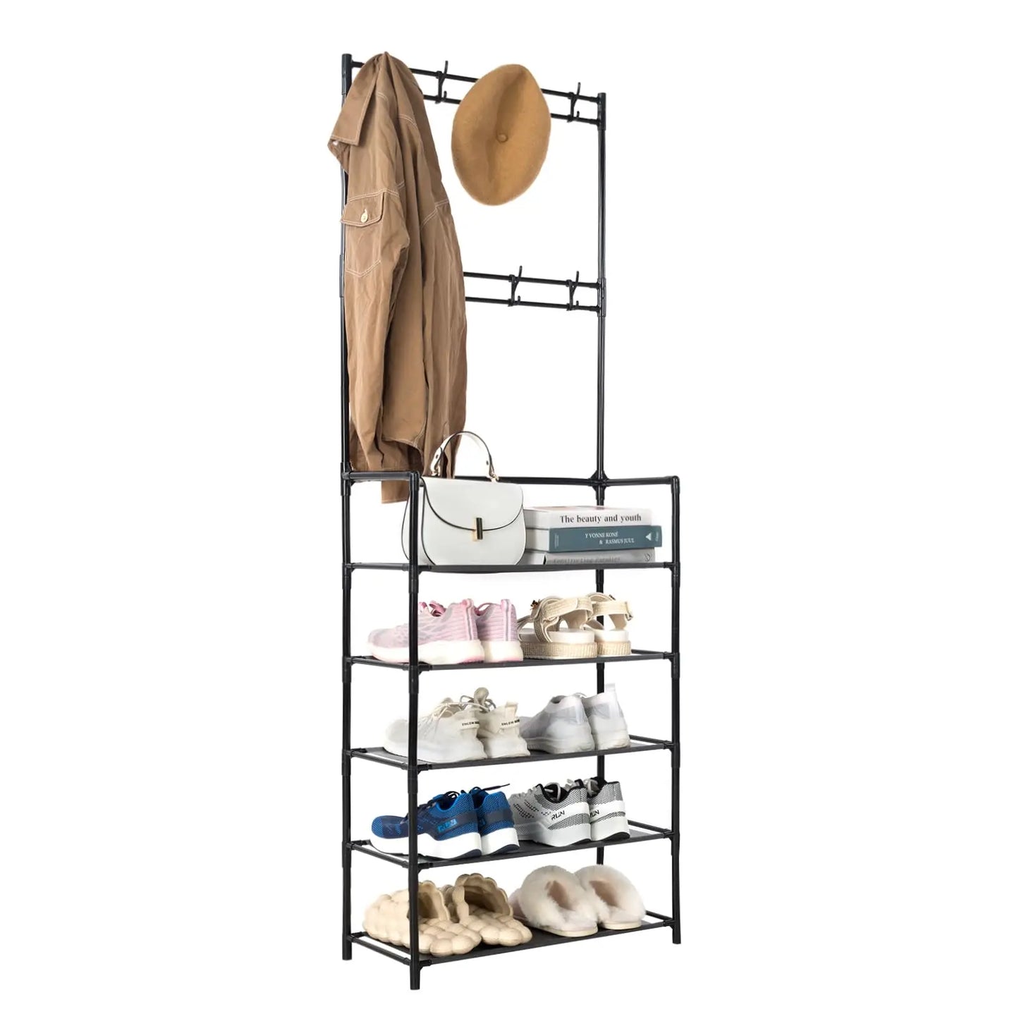 Entryway Coat Rack And Shoe Organizer With 4 Tier Shelves