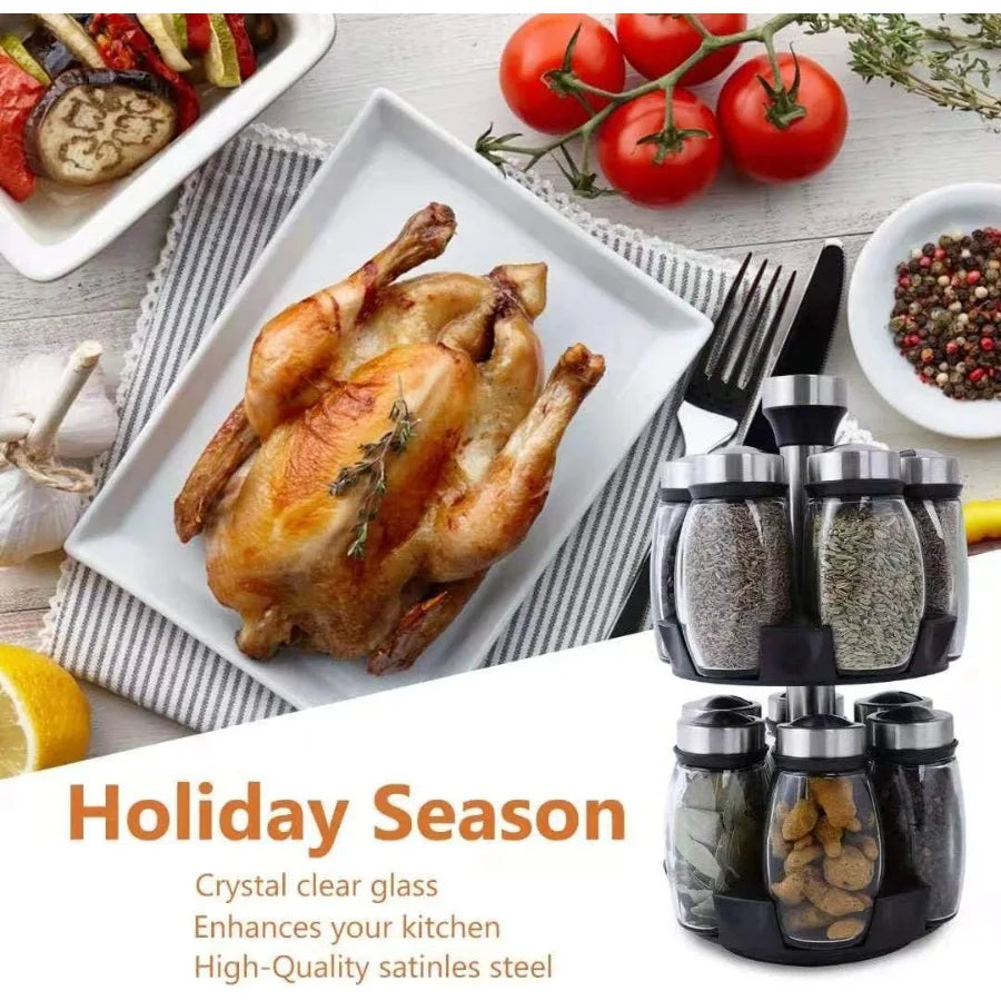 12 Glass Jar Bottles Set Revolving Spice Rack Organizer Storage for kitchen Spice Stand Holder Spinning Countertop Herb and Spi
