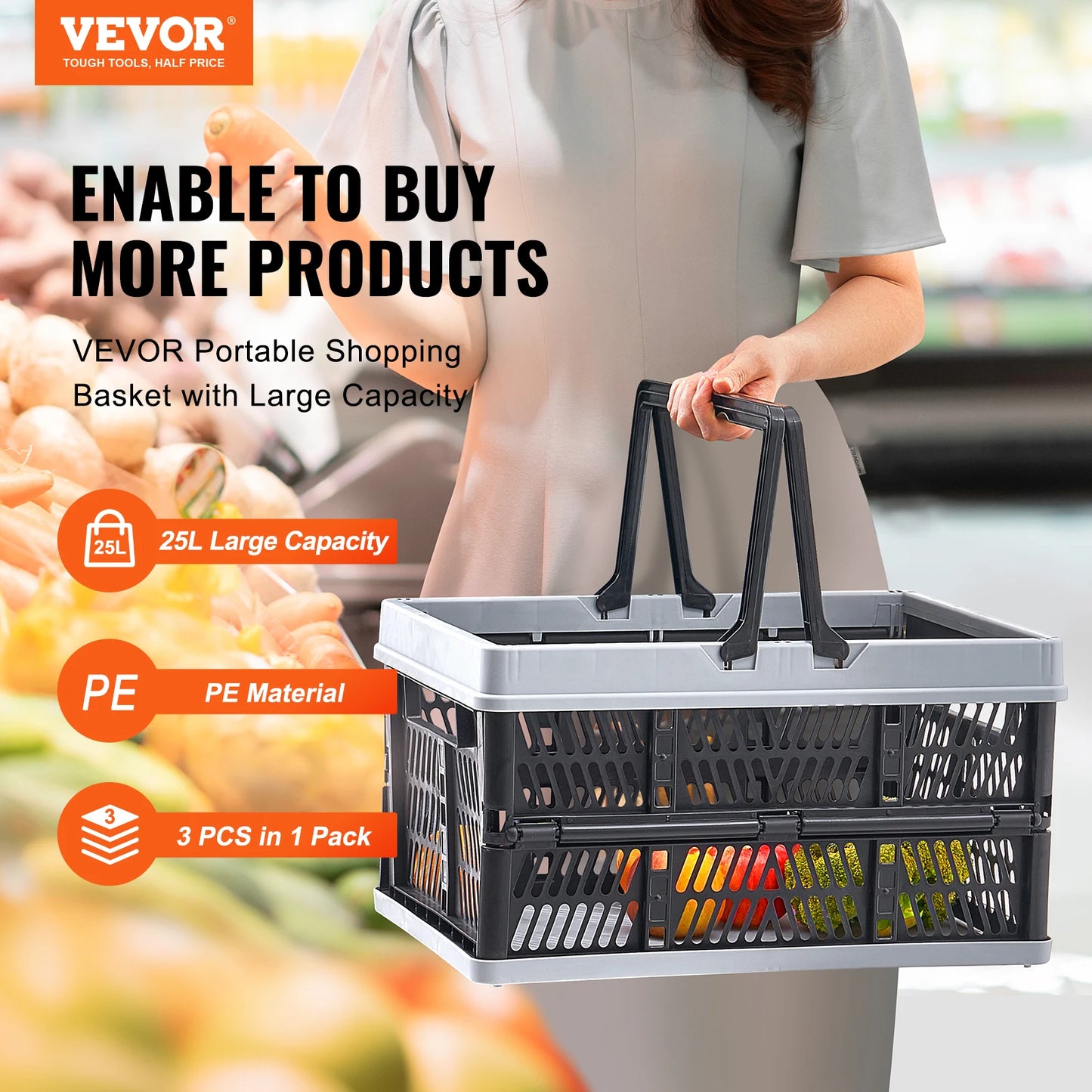 SucceBuy 3 Pack Foldable Storage Baskets With Handle