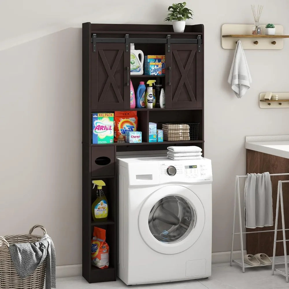 Farmhouse Toilet Cabinet With Sliding Doors And Toilet Paper