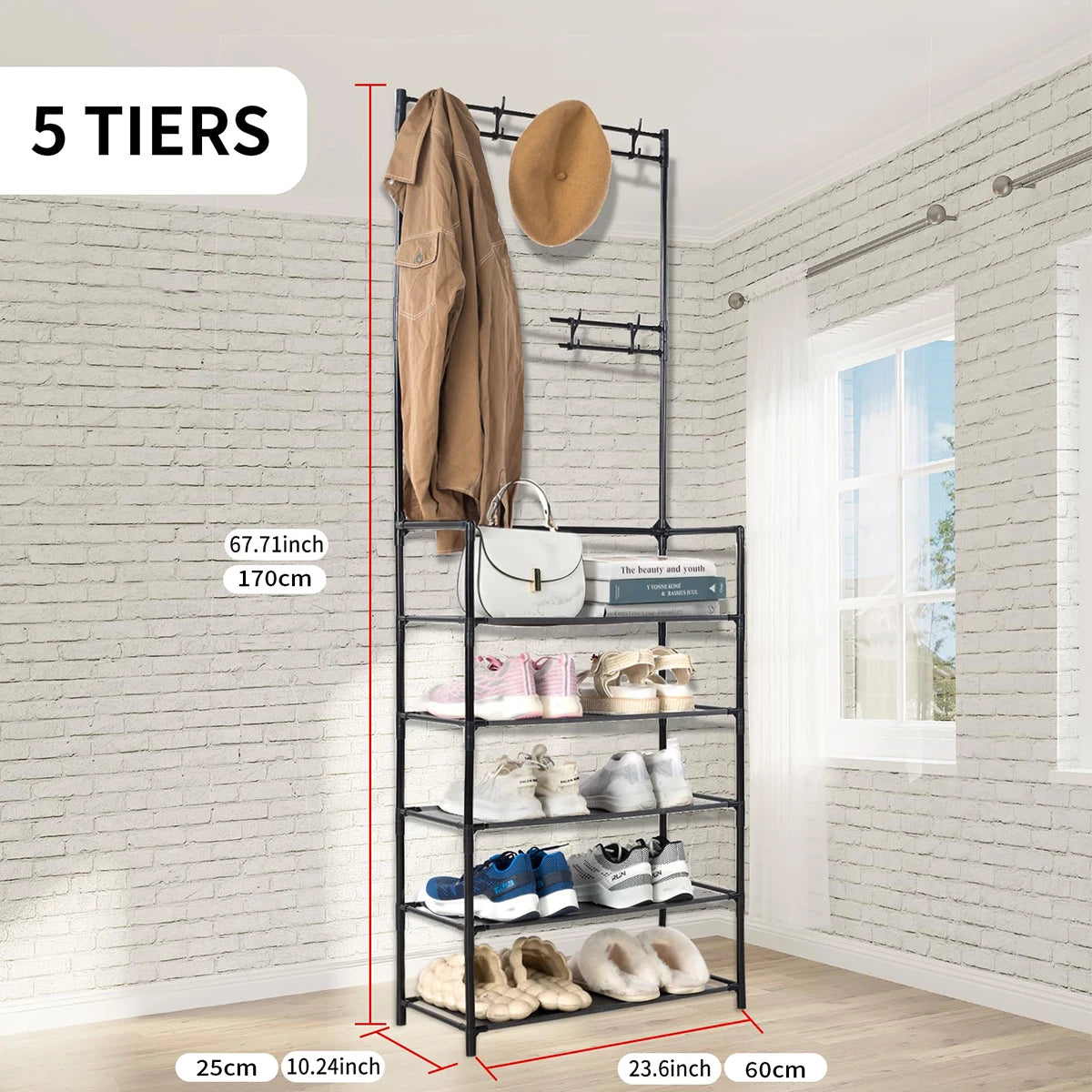 Entryway Coat Rack And Shoe Organizer With 4 Tier Shelves